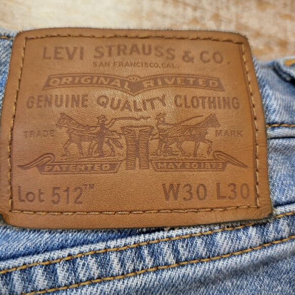 Levis 512 Premium Big E Jeans Mens 30x27 Stretch Blue Denim Slim Leg Distressed - Picture 3 of 12